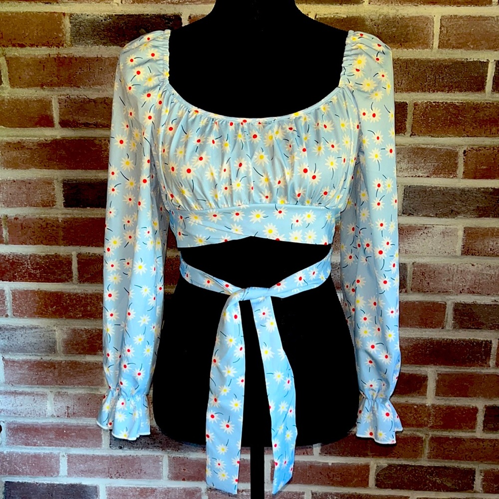 Long Sleeve Floral Crop Top Blouse with Tie Blue Red Yellow - Picture 1 of 10